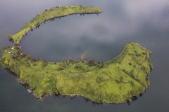 CHIGERA ISLAND, VIRUNGA NATIONAL PARK, GOMA, DR CONGO, 23 NOVEMBER, 2015: Aerial view of Chigera Island, a Virunga National Park site in Lake Kivu. The island has recently opened to tourists, giving people in Goma an option for an interesting experience in Lake Kivua, a fifteen minute boat ride from Goma. (Photo by Brent Stirton/Reportage for National Geographic Magazine.)